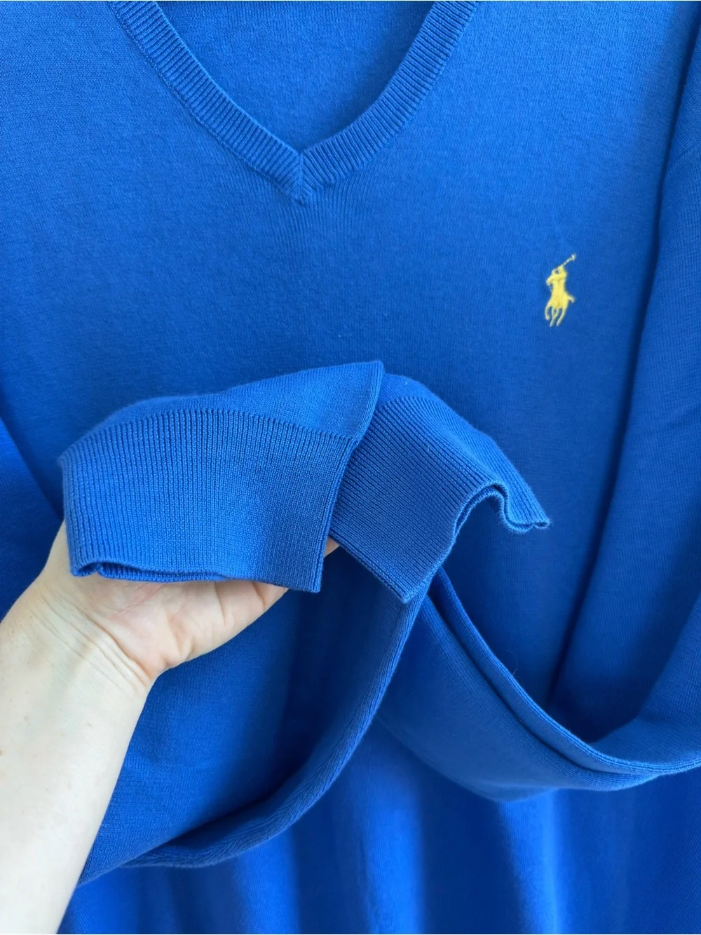 Polo Ralph Lauren Pima Cotton V-Neck Sweater Blue Yellow Pony Men’s XL Preppy